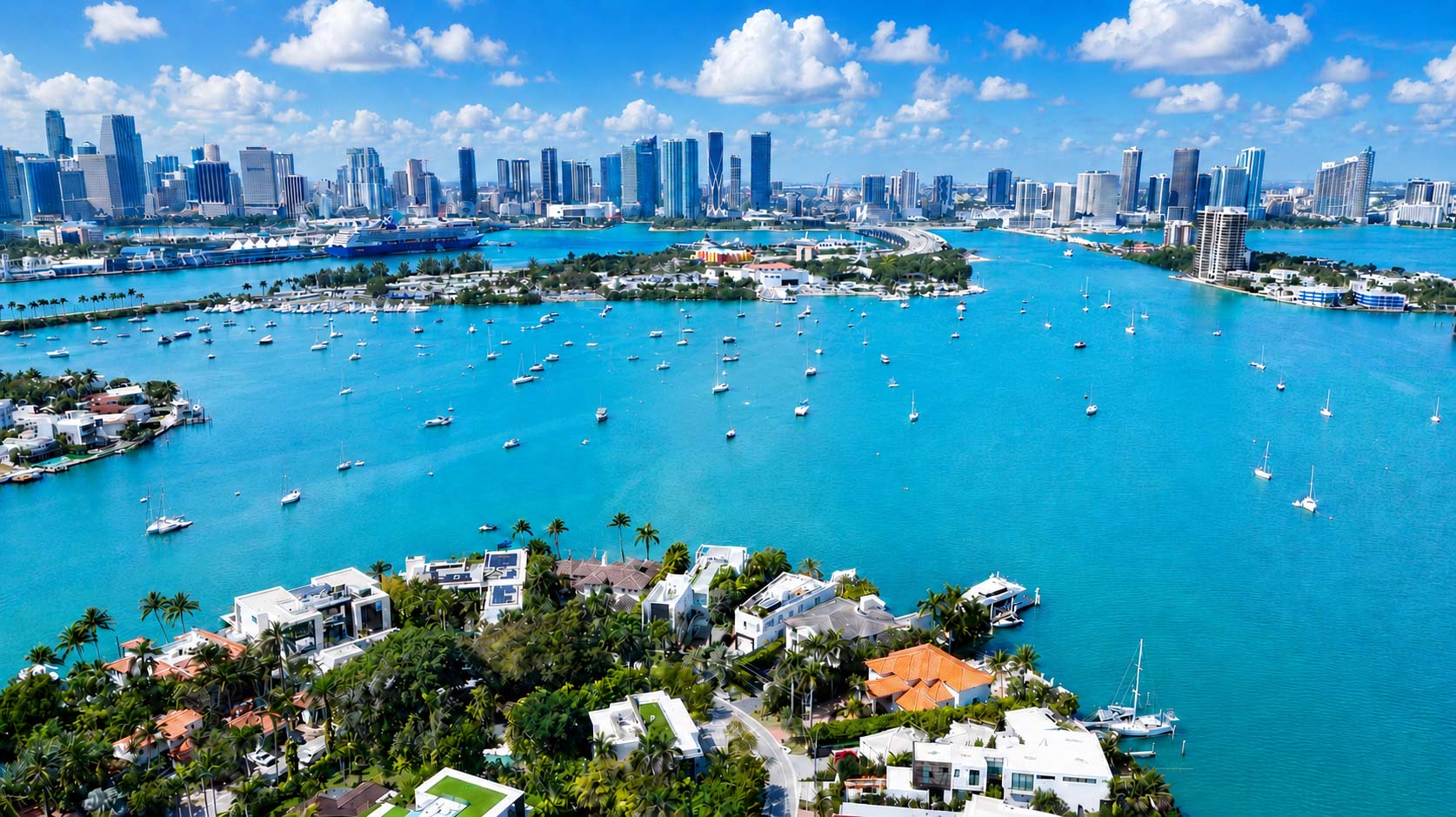 Miami’s man-made islands and skyline viewed from Biscayne Bay
