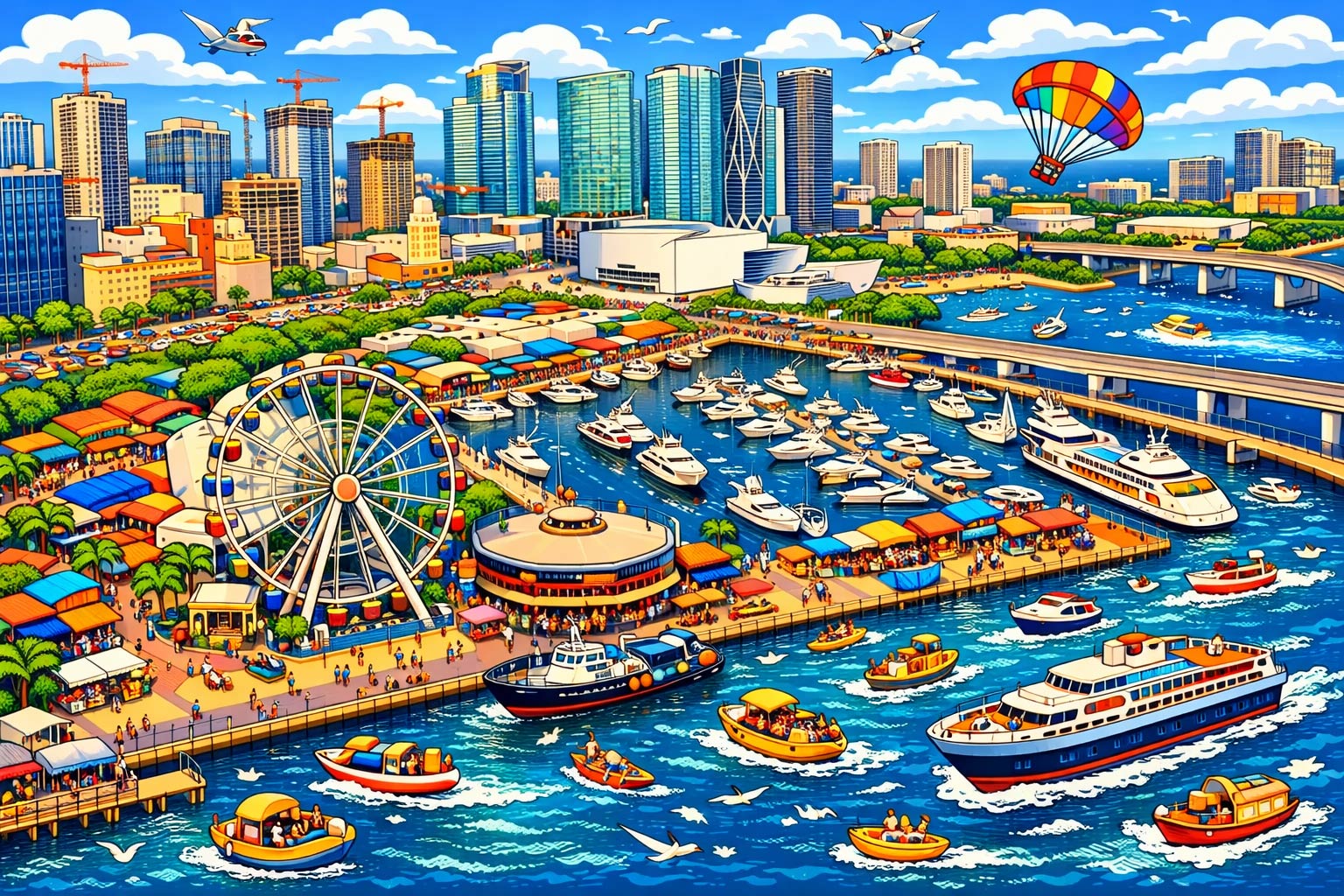 Cartoon illustration of Bayside Marketplace on the Downtown Miami waterfront, showing the marina area where Skyline Miami Cruises depart on Biscayne Bay.