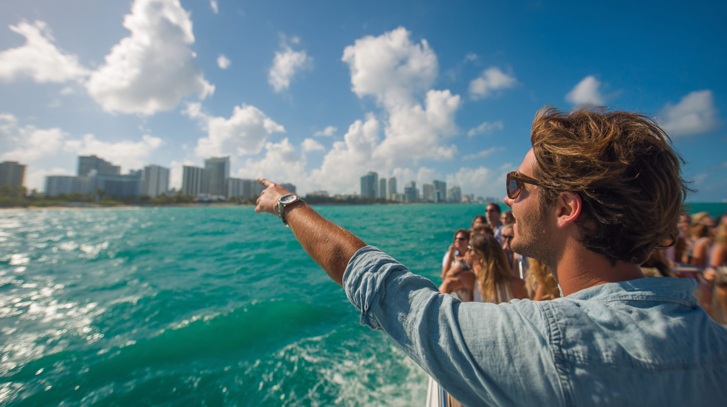 a man points out some interesting highlight during his shore excursion.
