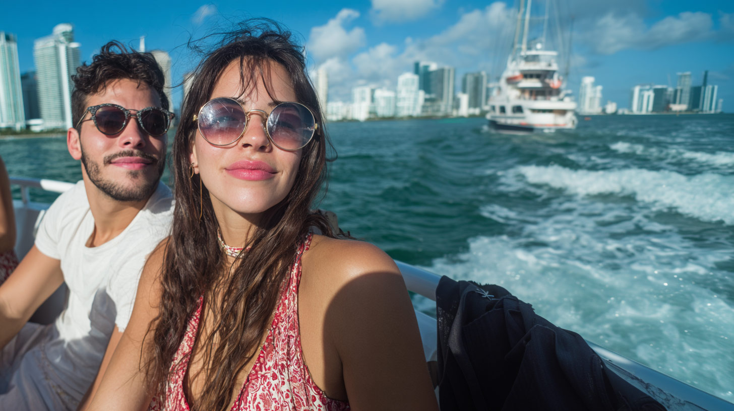 A stylish couple poses for a photo during the sightseeing curise. 
