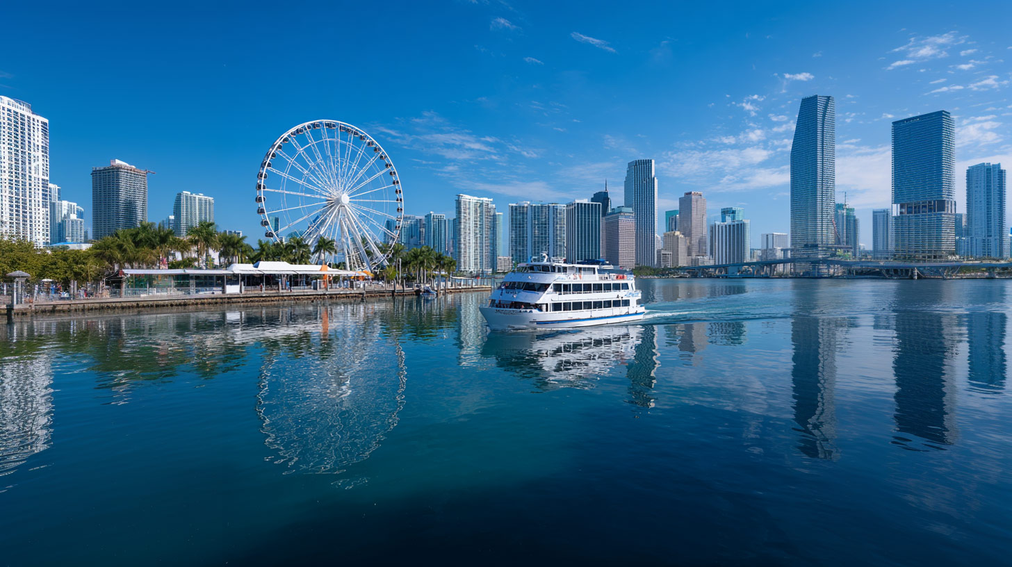 A boat passes by the Miami ferris wheel on a historic cruise.