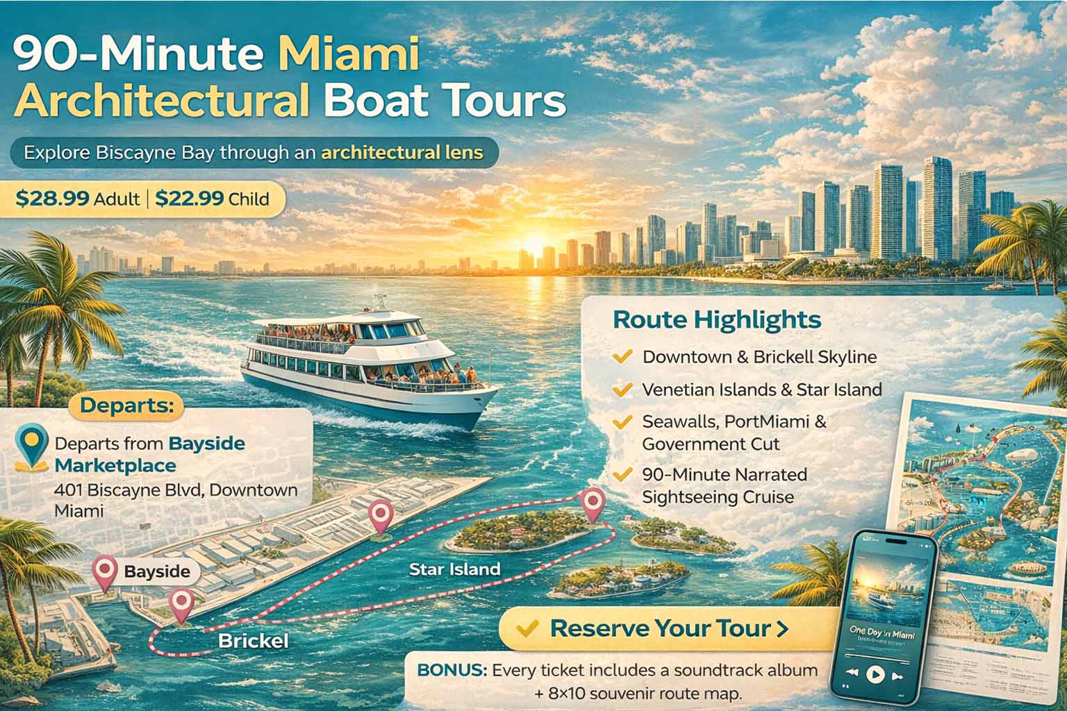 90-Minute Miami Architectural Boat Tour infographic with $28.99 adult and $22.99 child pricing, Bayside Marketplace departure, skyline route highlights, and included digital soundtrack and printable map.