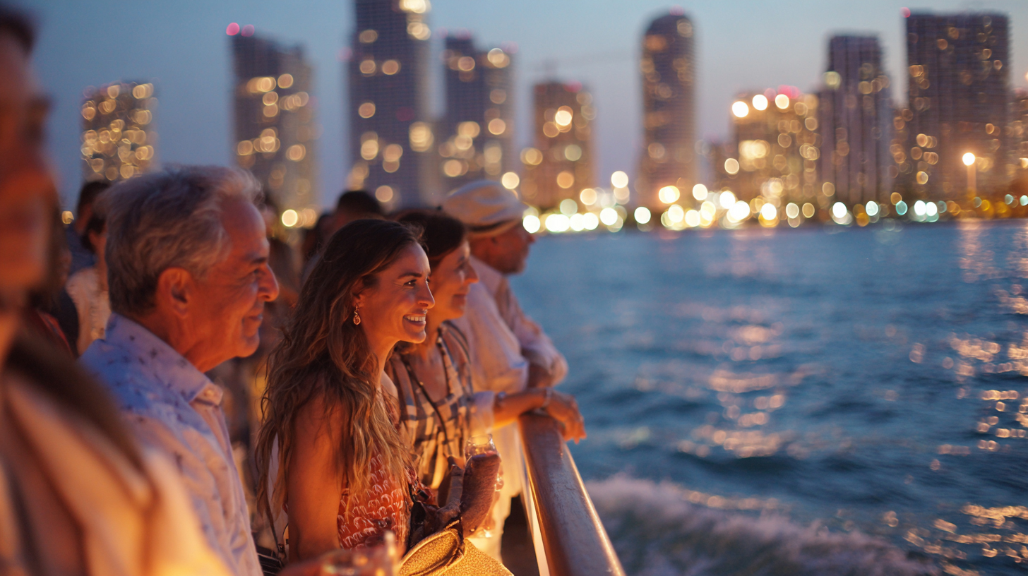 Guests enjoying a Miami Architecture Night Cruise on Biscayne Bay with Downtown Miami skyline lights reflecting on the water.