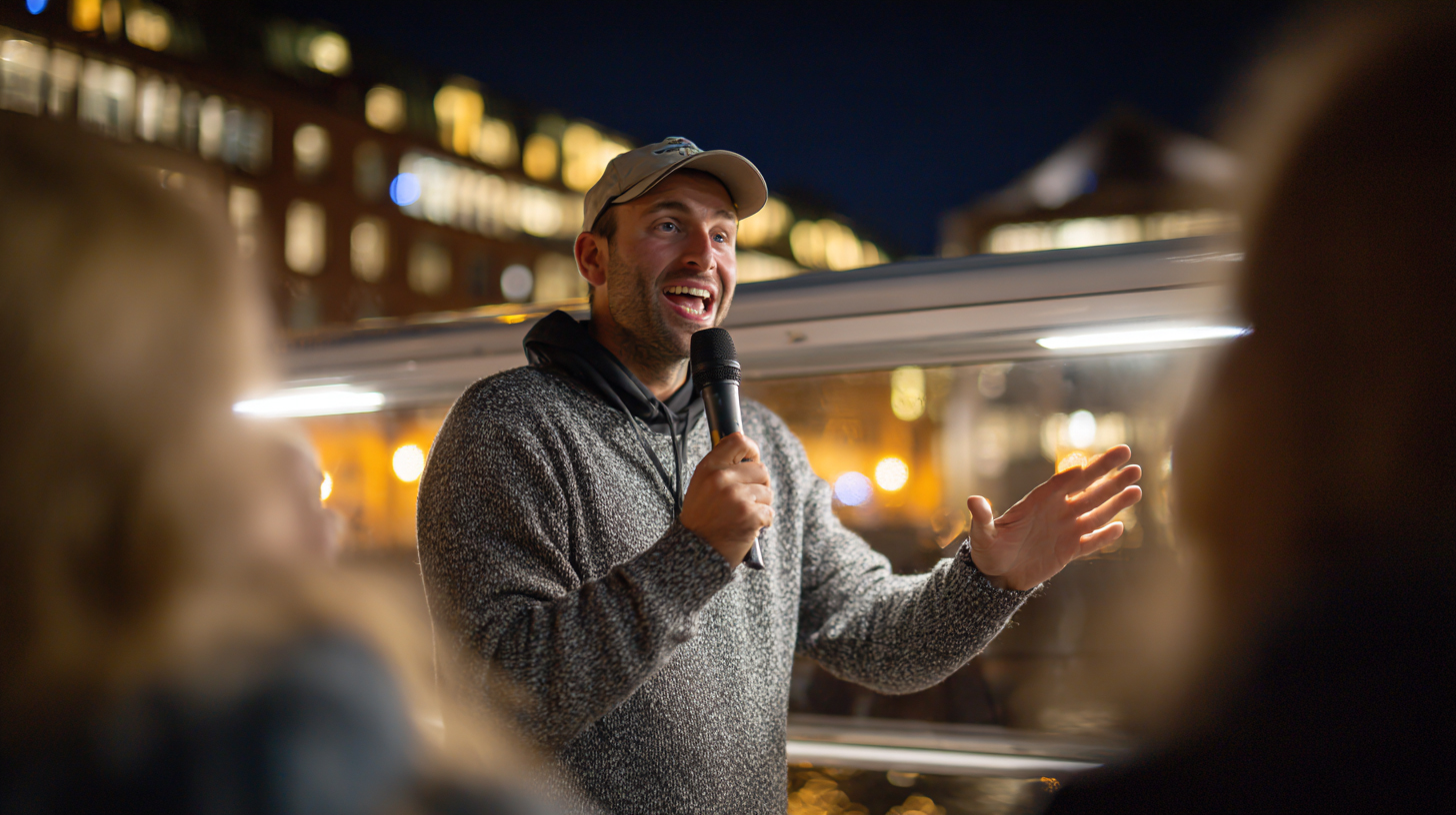Live guide narrating a Miami architecture night cruise as guests listen during a calm nighttime sightseeing cruise in Miami.