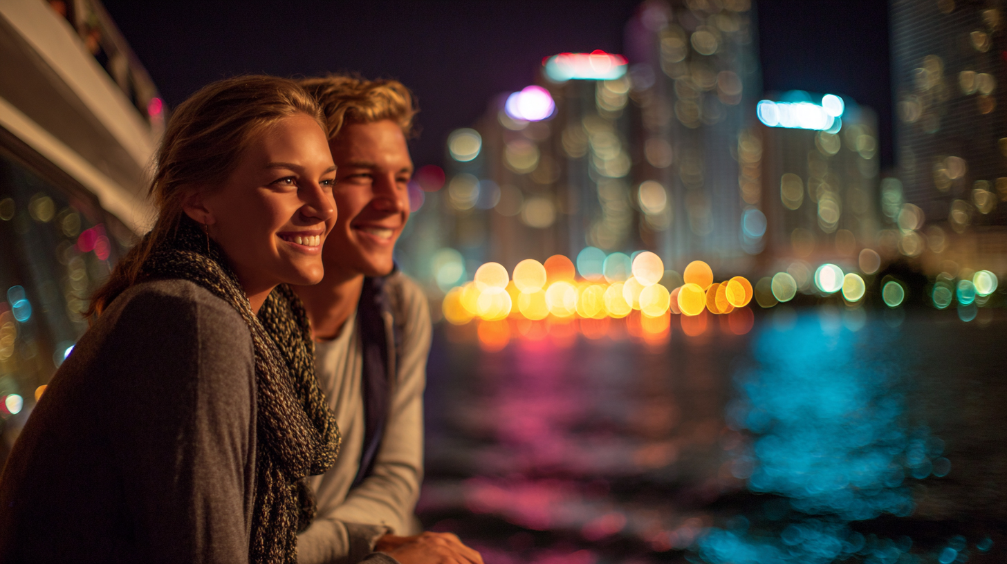 Couple enjoying a Miami architecture night cruise while viewing the illuminated Downtown Miami skyline across Biscayne Bay