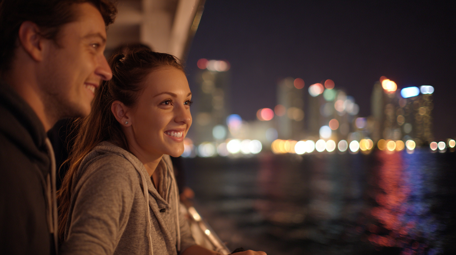 Guests smiling during a Miami night sightseeing cruise with colorful skyline lights reflecting on the water in Biscayne Bay.
