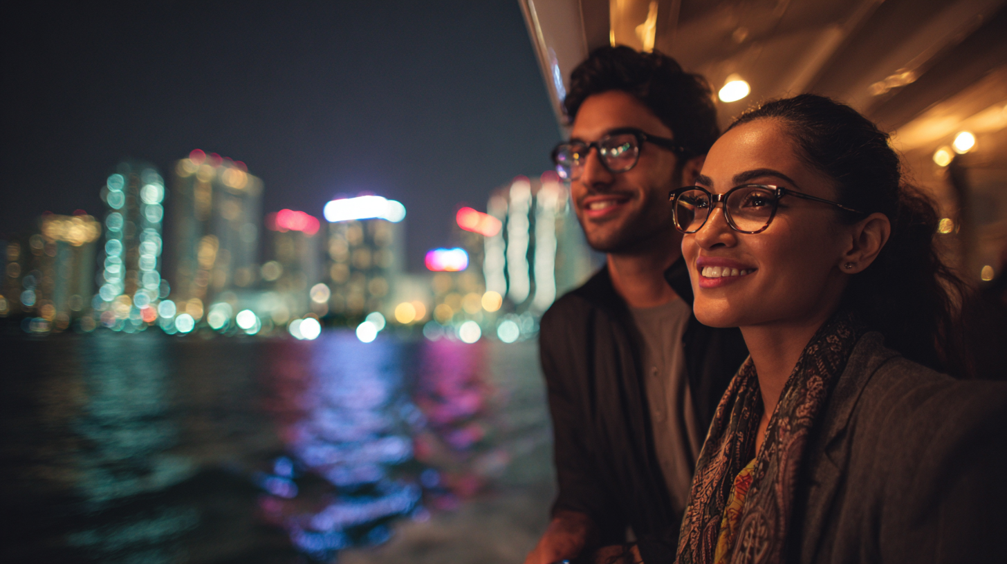 Indian couple enjoying a Miami architecture night cruise with illuminated skyline lights reflecting across Biscayne Bay.