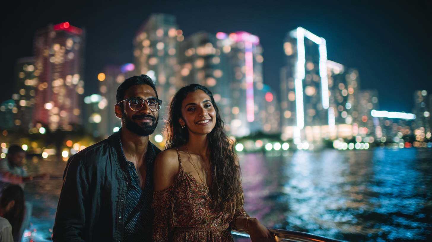 Guests standing at the railing during a Miami night sightseeing cruise with Downtown Miami skyline glowing in the background.