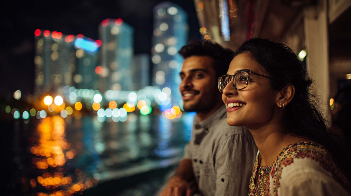Indian couple smiling on a Miami night cruise as colorful city lights reflect on the water in Biscayne Bay.