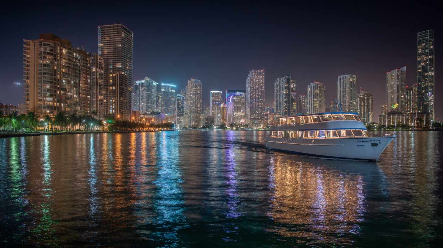 Sightseeing cruise boat gliding across Biscayne Bay at night with Downtown Miami skyline illuminated and city lights reflecting on the water.
