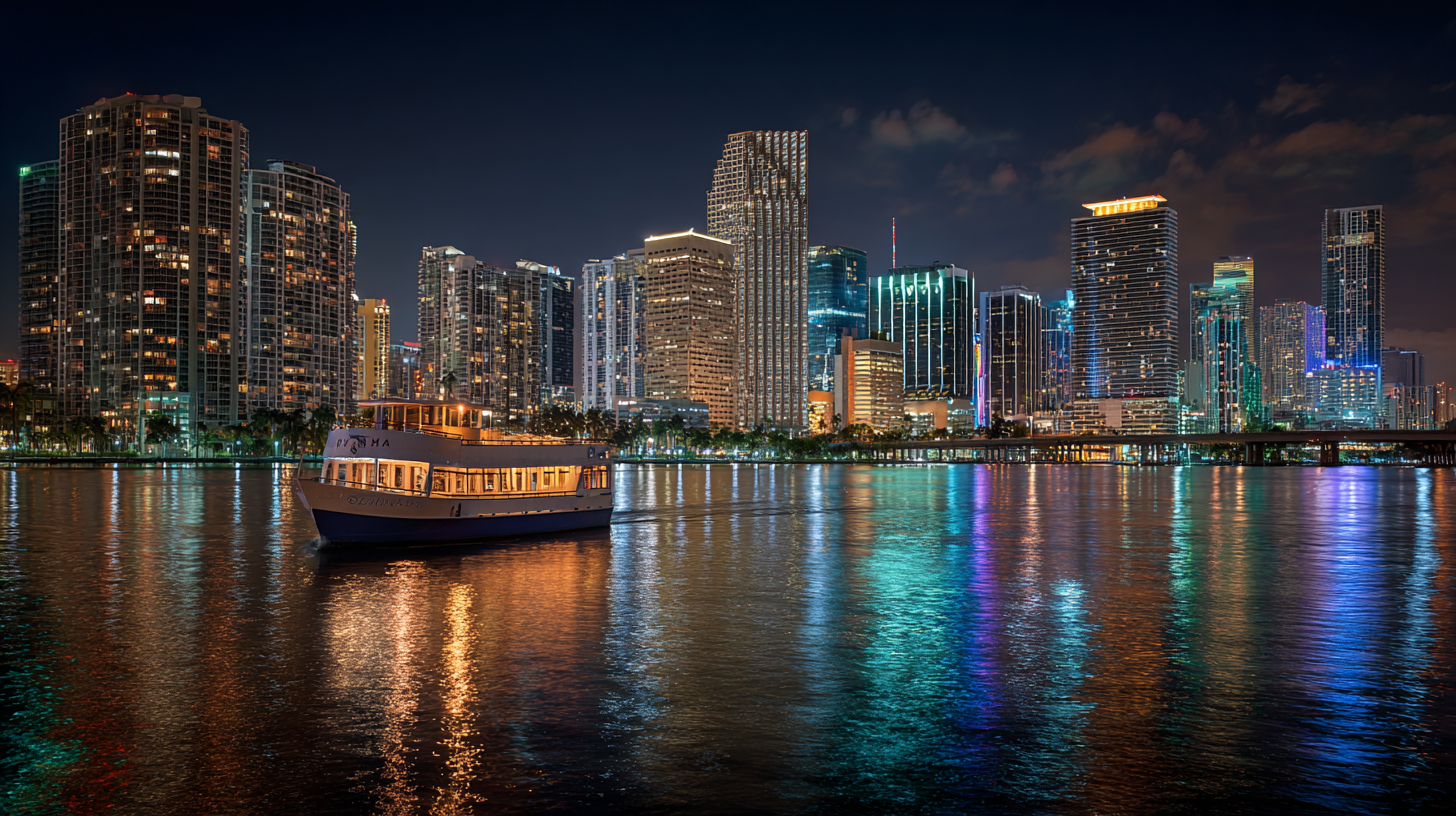 Miami architecture night cruise passing through Biscayne Bay with a wide view of the illuminated Downtown Miami and Brickell skyline. 