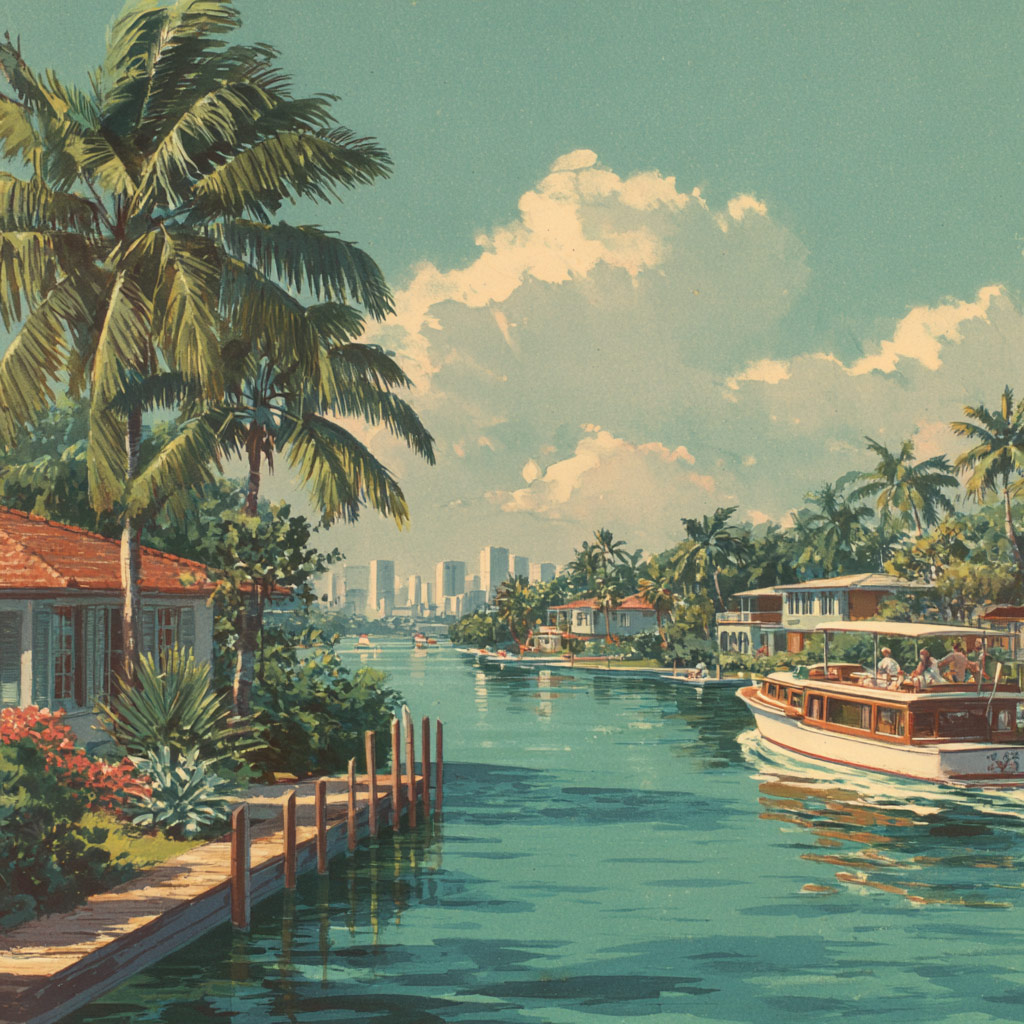 A painting of Miami boat cruises from years ago.
