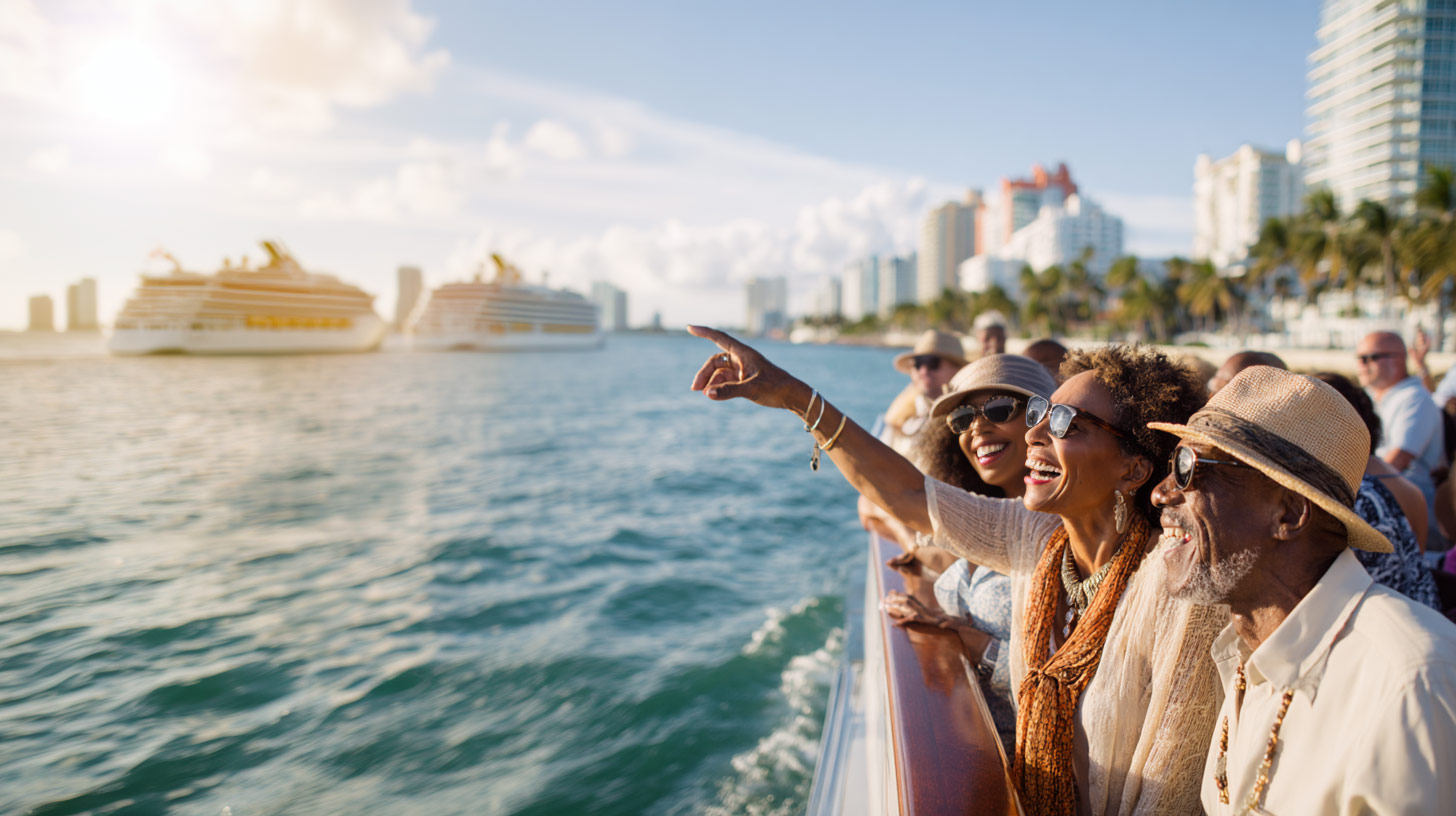 A happy couple points out a pelican flying during their Celebrity Mansions Cruise.