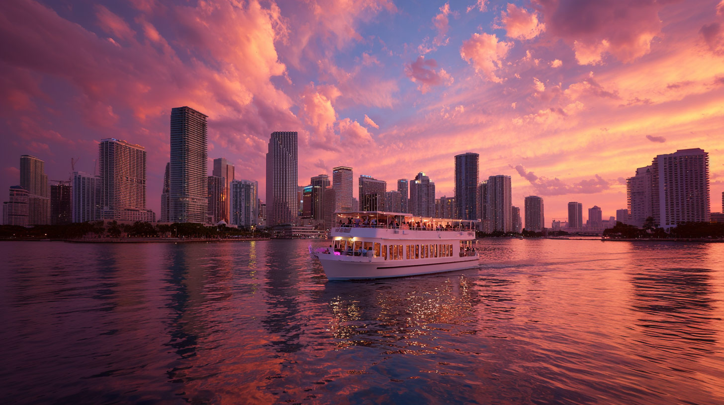 A boat passes in front of the Miami skyline at sunset. 