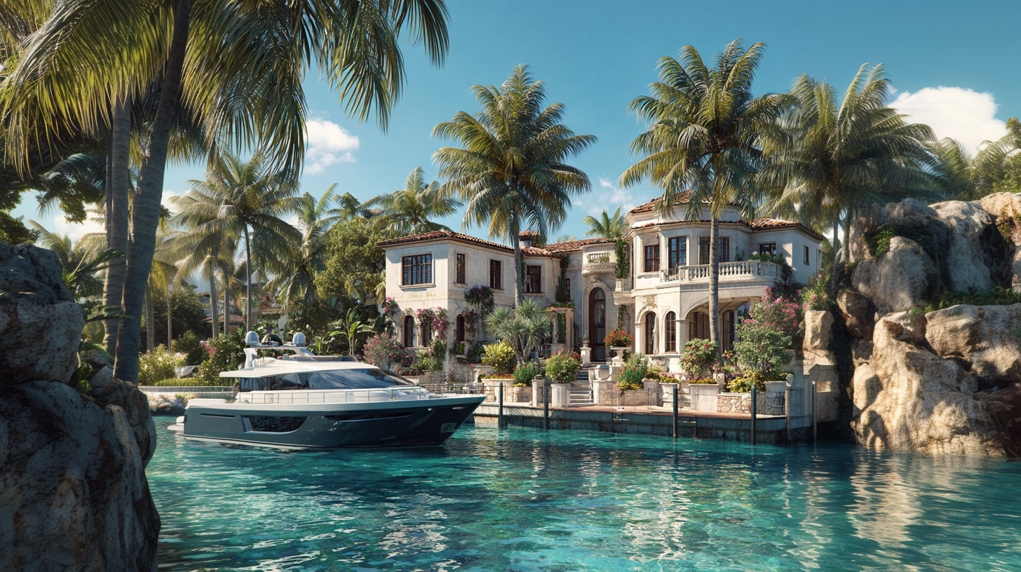 A waterfront mansion with a boat in front illustration Miami luxury.