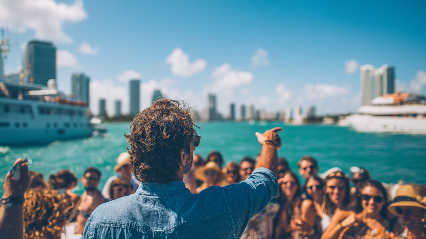 The tour guide is providing a fun naration during the Miami Celebrity Mansions Cruises.