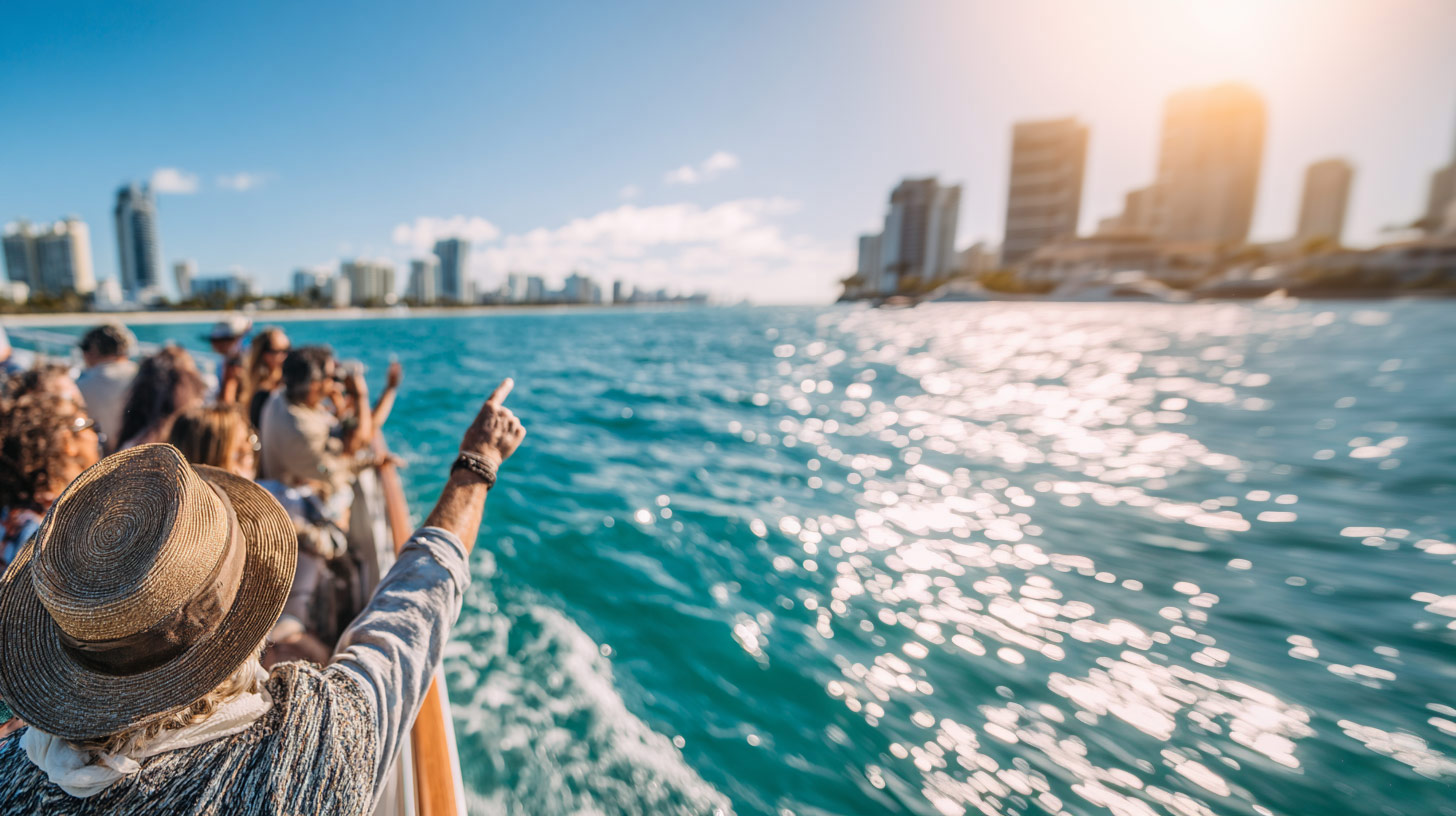 A group of people are seen pointing to the skyline during a celebrity mansions cruise.