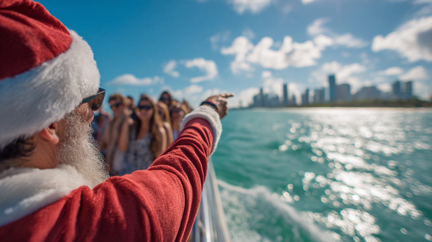 A tour guide dressed up as Santa Claus pointing 