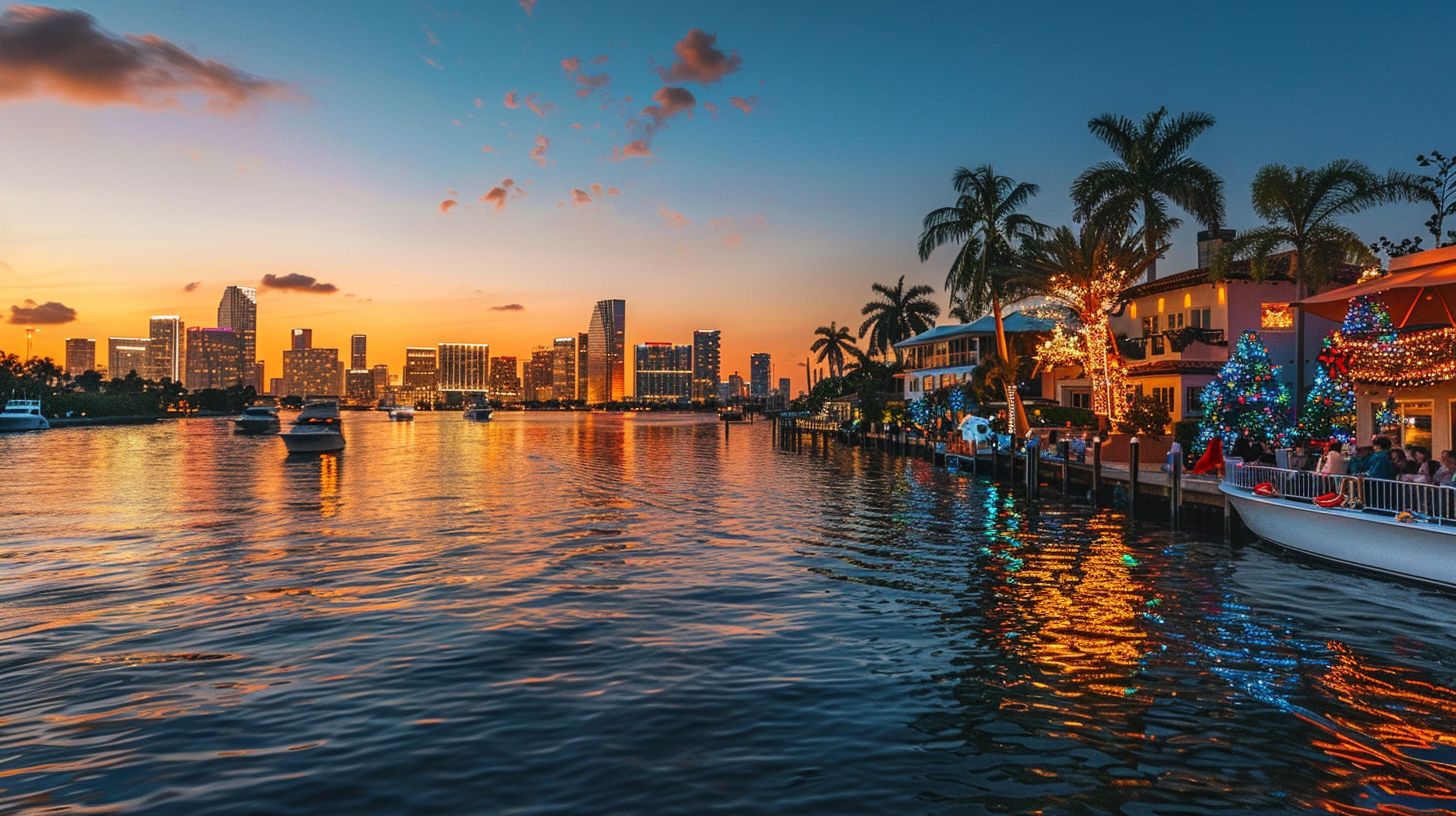 Miami skyline and Biscayne Bay viewed from a holiday sightseeing cruise.