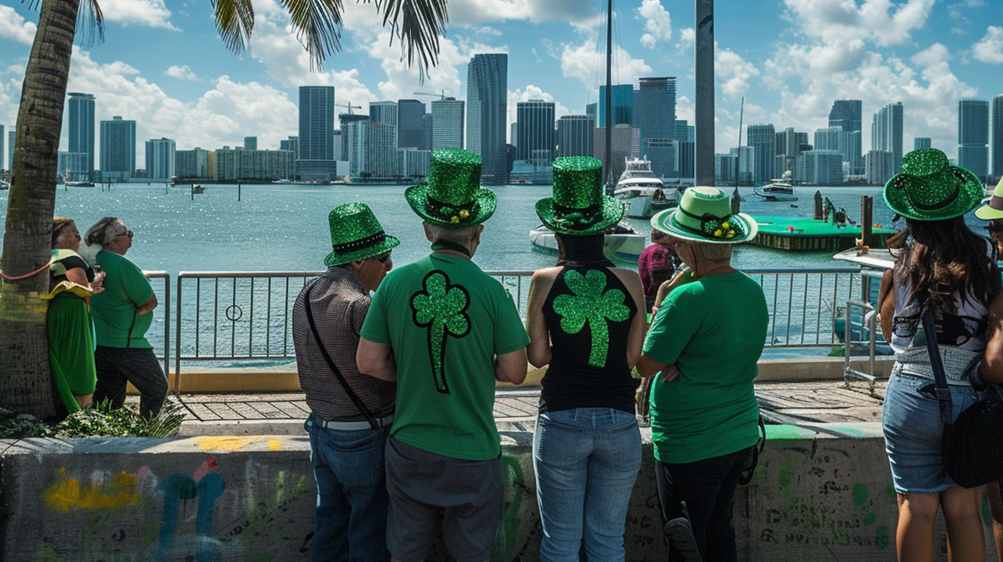Guests enjoying Miami skyline views from a Biscayne Bay sightseeing cruise in March.