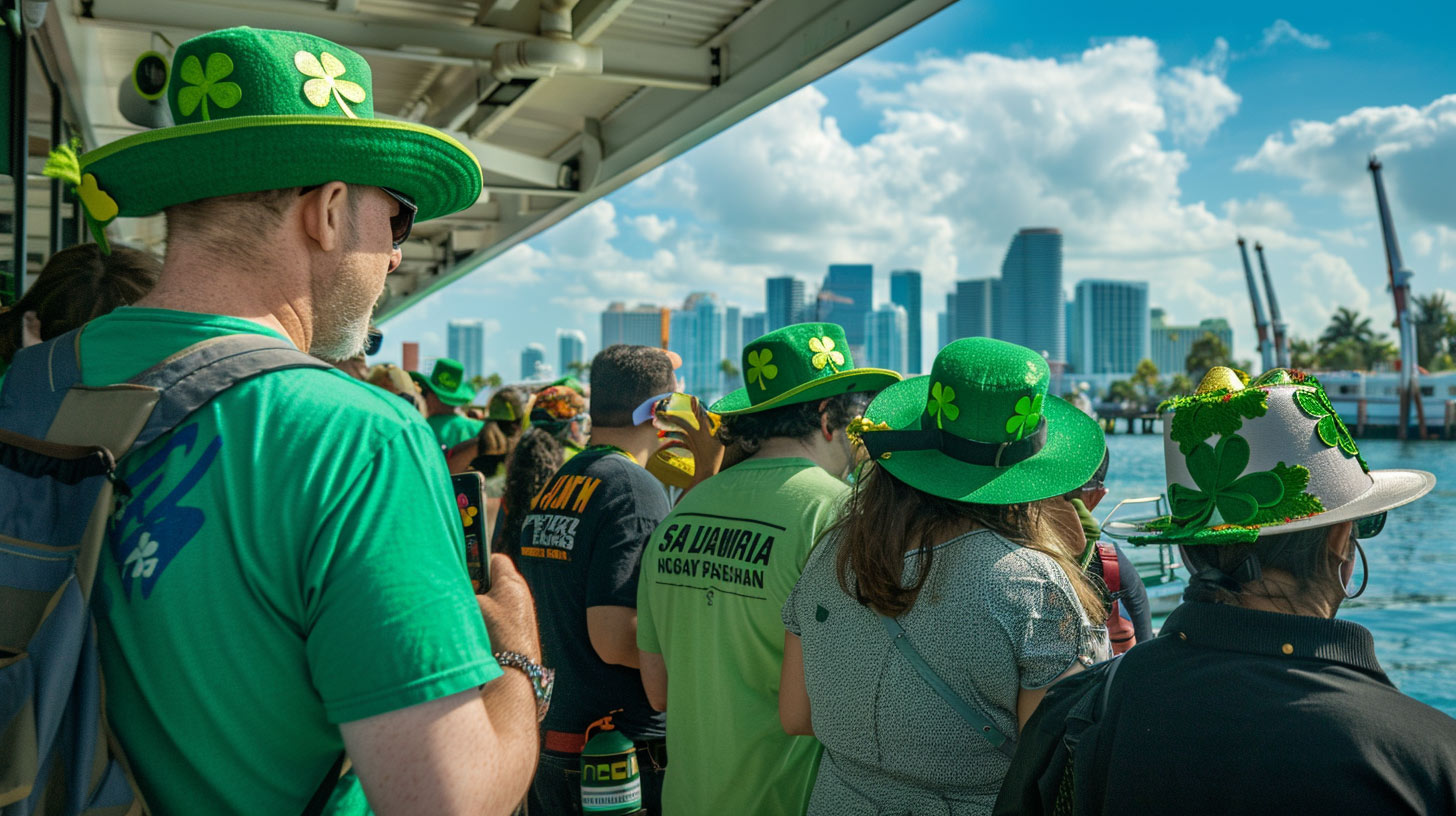 Sightseeing cruise gliding past waterfront homes on Biscayne Bay with the Miami skyline at dusk.