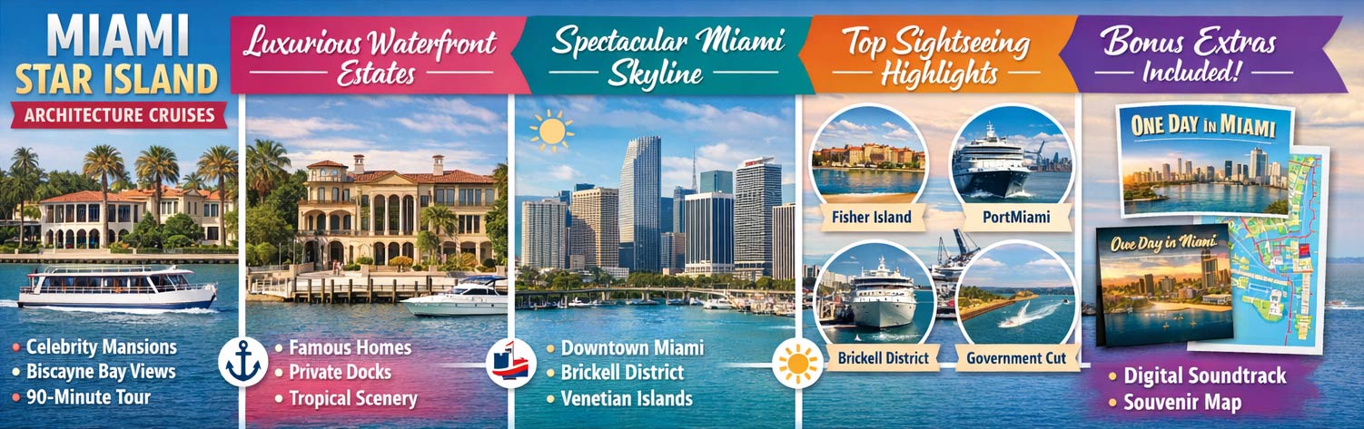 Infographic for Miami Star Island Architecture Cruises showing Star Island mansion views, Biscayne Bay route highlights, skyline scenery, and 90-minute sightseeing cruise details.