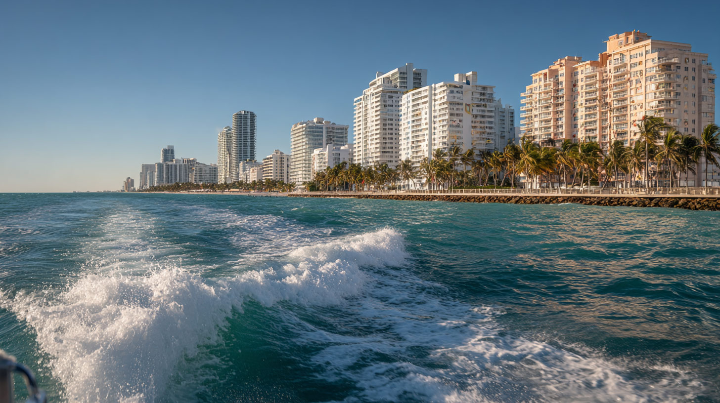 Valentine’s Day sightseeing cruise gliding past waterfront homes on Biscayne Bay with Miami’s skyline glowing at dusk