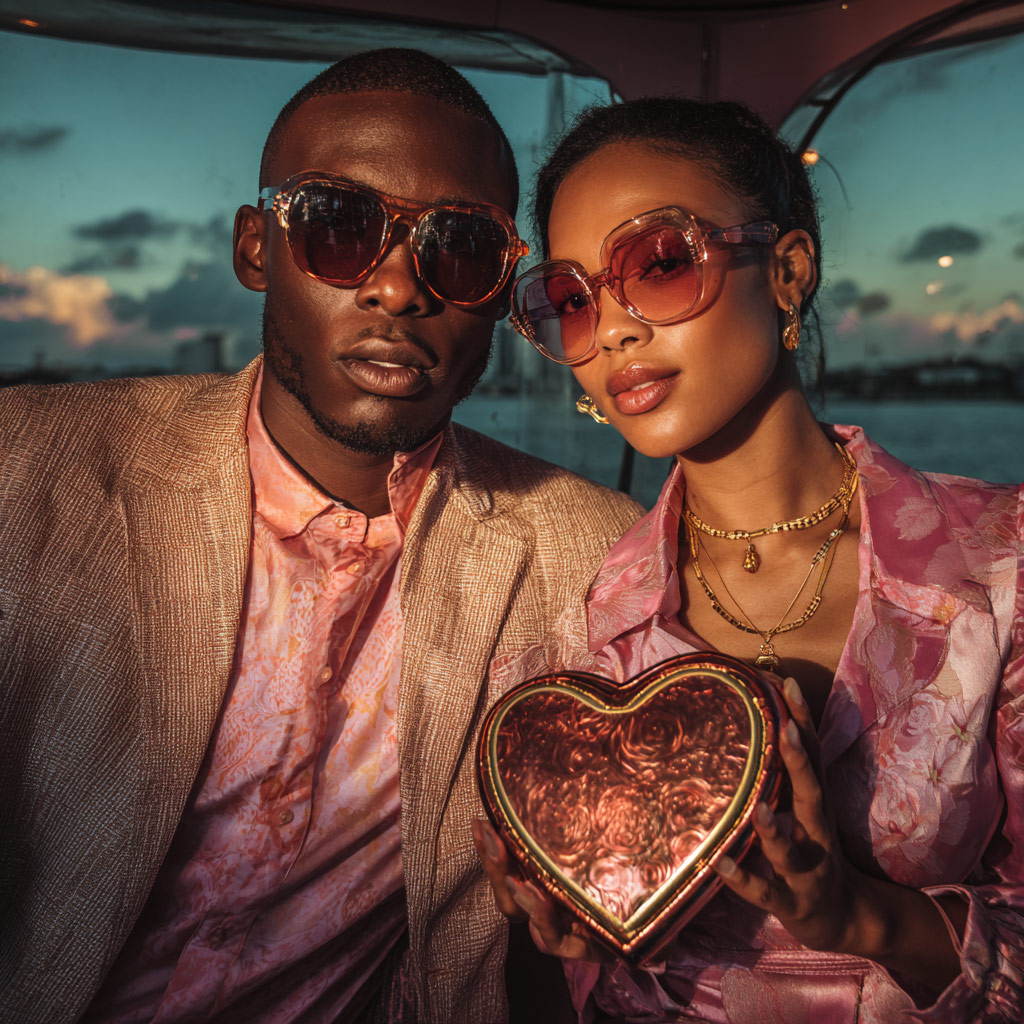 Two people posing for a photo while holding a Valentin'es Day heart shaped chocolate box.