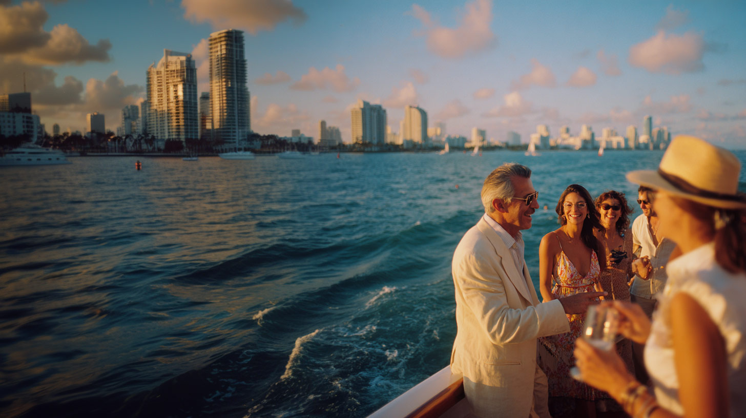 A group gather on the top deck of a Valentine's Day cruise around sunset. 