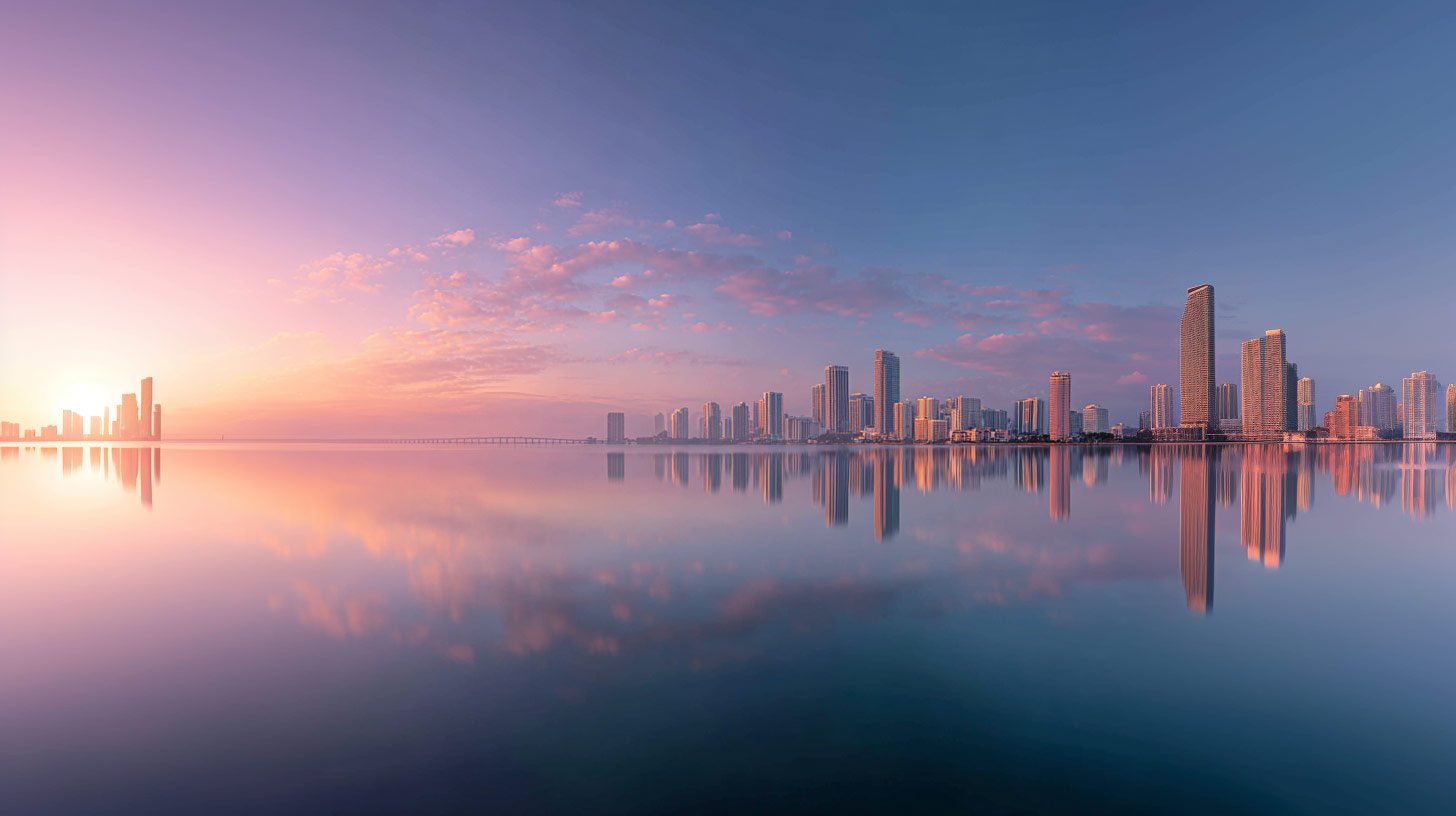 Sunrise view of Miami with Biscayne Bay in the forefront.