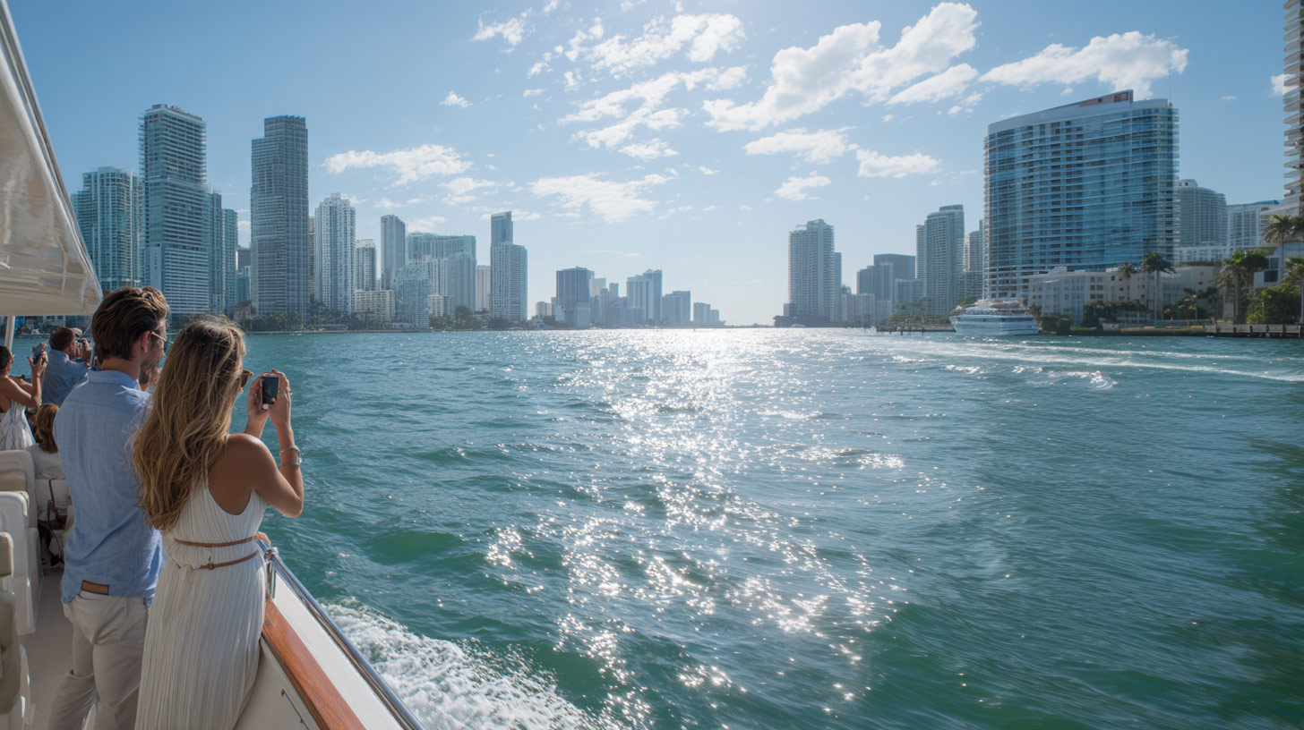 A couple takes photos of the beautiful Miami waterfront.