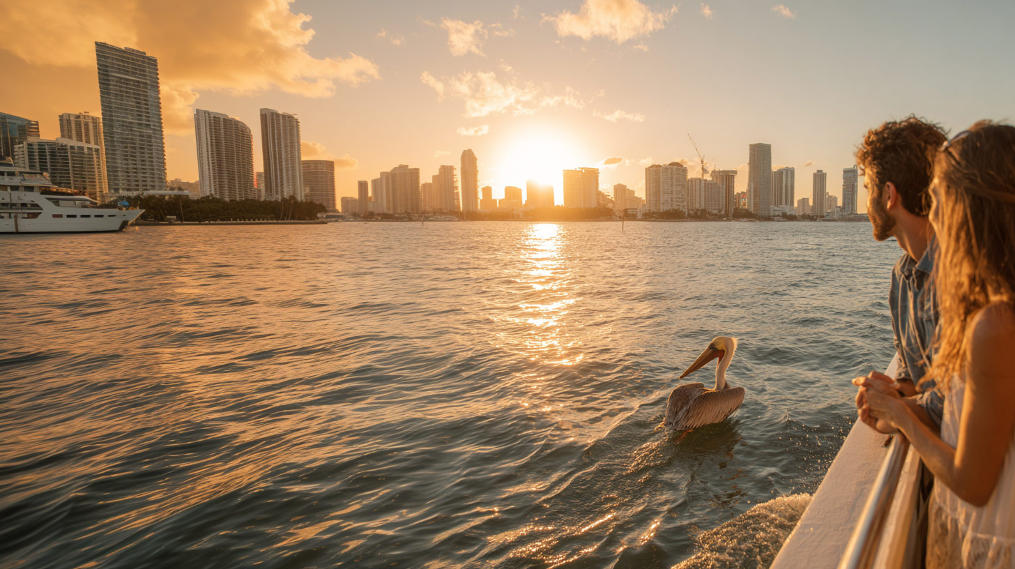 A pelican doesn't move for the approaching boat tour.