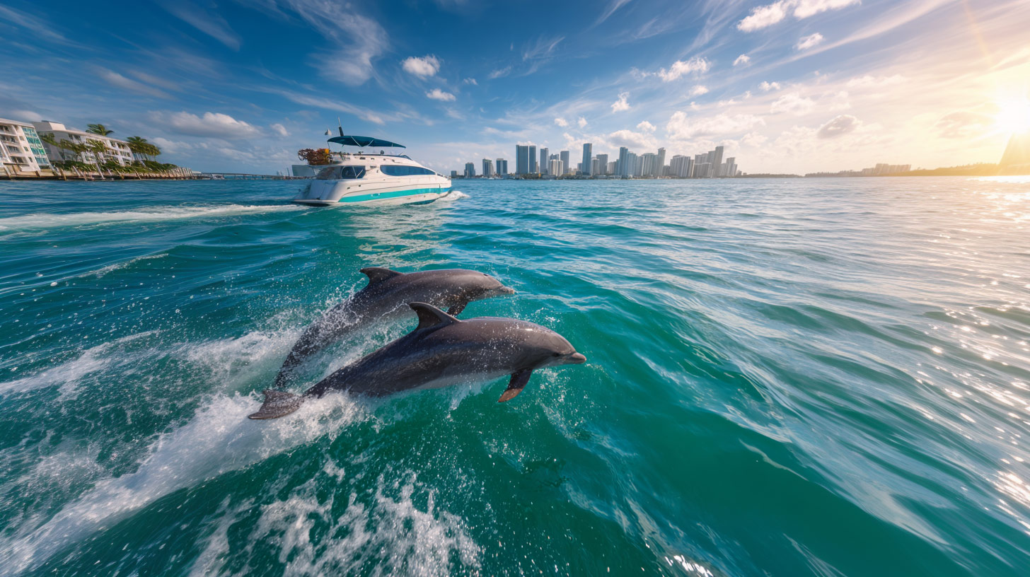 Two dolphins leap from the water during their Miami Architecture Cruise.