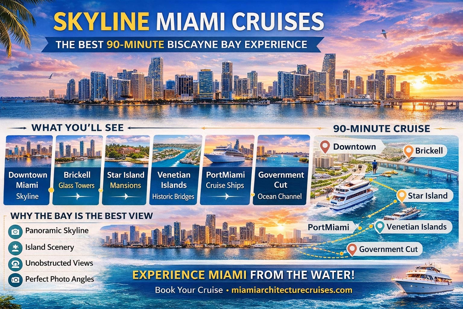 Skyline Miami Cruises infographic showing a 90-minute Biscayne Bay sightseeing cruise departing from Bayside Marketplace, featuring Downtown Miami and Brickell skyline views, Star Island, Venetian Islands, PortMiami, Government Cut, best times to go, and top skyline photo spots.